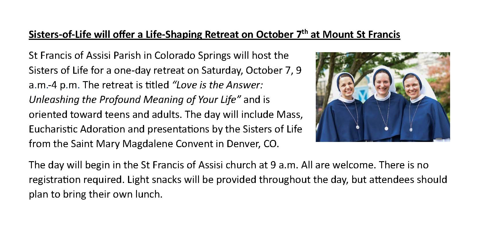 Sisters of Life One Day Retreat
